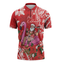 Personalized Hawaii Christmas Zipper Polo Shirt Mele Kalikimaka Chilling Shaka Santa Flamingo LT14 Red - Polynesian Pride