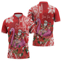 Personalized Hawaii Christmas Zipper Polo Shirt Mele Kalikimaka Chilling Shaka Santa Flamingo LT14 - Polynesian Pride