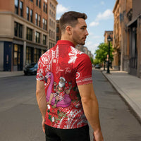 Personalized Hawaii Christmas Zipper Polo Shirt Mele Kalikimaka Chilling Shaka Santa Flamingo LT14 - Polynesian Pride