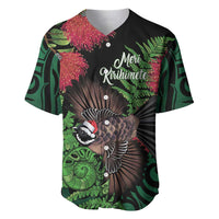 Meri Kirihimete New Zealand Baseball Jersey Piwakawaka Koru Fern Mix Pohutukawa LT14 Black - Polynesian Pride