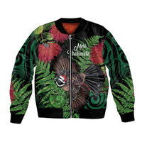 Meri Kirihimete New Zealand Bomber Jacket Piwakawaka Koru Fern Mix Pohutukawa LT14 Unisex Black - Polynesian Pride