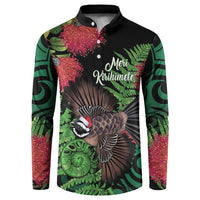 Meri Kirihimete New Zealand Button Sweatshirt Piwakawaka Koru Fern Mix Pohutukawa LT14 Black - Polynesian Pride