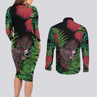 Meri Kirihimete New Zealand Couples Matching Long Sleeve Bodycon Dress and Long Sleeve Button Shirt Piwakawaka Koru Fern Mix Pohutukawa LT14 - Polynesian Pride
