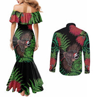 Meri Kirihimete New Zealand Couples Matching Mermaid Dress and Long Sleeve Button Shirt Piwakawaka Koru Fern Mix Pohutukawa LT14 - Polynesian Pride