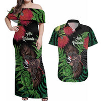 Meri Kirihimete New Zealand Couples Matching Off Shoulder Maxi Dress and Hawaiian Shirt Piwakawaka Koru Fern Mix Pohutukawa LT14 Black - Polynesian Pride