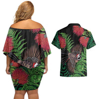 Meri Kirihimete New Zealand Couples Matching Off Shoulder Short Dress and Hawaiian Shirt Piwakawaka Koru Fern Mix Pohutukawa LT14 - Polynesian Pride