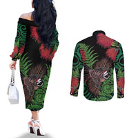 Meri Kirihimete New Zealand Couples Matching Off The Shoulder Long Sleeve Dress and Long Sleeve Button Shirt Piwakawaka Koru Fern Mix Pohutukawa LT14 - Polynesian Pride