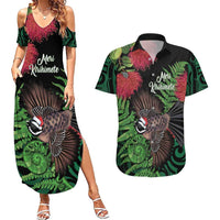 Meri Kirihimete New Zealand Couples Matching Summer Maxi Dress and Hawaiian Shirt Piwakawaka Koru Fern Mix Pohutukawa LT14 Black - Polynesian Pride