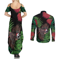 Meri Kirihimete New Zealand Couples Matching Summer Maxi Dress and Long Sleeve Button Shirt Piwakawaka Koru Fern Mix Pohutukawa LT14 - Polynesian Pride