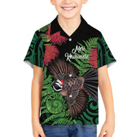 Meri Kirihimete New Zealand Family Matching Off The Shoulder Long Sleeve Dress and Hawaiian Shirt Piwakawaka Koru Fern Mix Pohutukawa LT14 Son's Shirt Black - Polynesian Pride