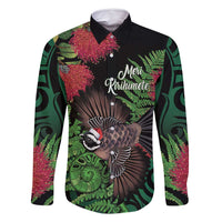 Meri Kirihimete New Zealand Family Matching Off Shoulder Maxi Dress and Hawaiian Shirt Piwakawaka Koru Fern Mix Pohutukawa LT14 Dad's Shirt - Long Sleeve Black - Polynesian Pride