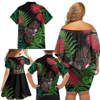 Meri Kirihimete New Zealand Family Matching Off Shoulder Short Dress and Hawaiian Shirt Piwakawaka Koru Fern Mix Pohutukawa LT14 - Polynesian Pride