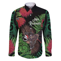 Meri Kirihimete New Zealand Family Matching Puletasi and Hawaiian Shirt Piwakawaka Koru Fern Mix Pohutukawa LT14 Dad's Shirt - Long Sleeve Black - Polynesian Pride