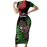 Meri Kirihimete New Zealand Family Matching Short Sleeve Bodycon Dress and Hawaiian Shirt Piwakawaka Koru Fern Mix Pohutukawa LT14 Mom's Dress Black - Polynesian Pride