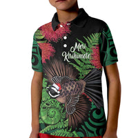Meri Kirihimete New Zealand Kid Polo Shirt Piwakawaka Koru Fern Mix Pohutukawa LT14 Kid Black - Polynesian Pride