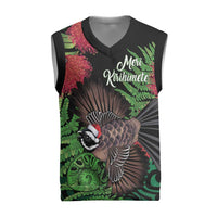 Meri Kirihimete New Zealand Christmas Knitted V-Neck Vest Piwakawaka Koru Fern Mix Pohutukawa LT14 Black - Polynesian Pride