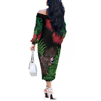 Meri Kirihimete New Zealand Off The Shoulder Long Sleeve Dress Piwakawaka Koru Fern Mix Pohutukawa LT14 - Polynesian Pride