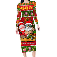 Personalised Hawaii Surfing Santa Christmas Family Matching Long Sleeve Bodycon Dress and Hawaiian Shirt Tropical Pineapple Mele Kalikimaka Quilt Pattern LT14 Mom's Dress Red - Polynesian Pride