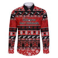 Personalised New Zealand Christmas Family Matching Off Shoulder Long Sleeve Dress and Hawaiian Shirt Aotearoa Kiwi Meri Kirihimete Red Version LT14 Dad's Shirt - Long Sleeve Red - Polynesian Pride