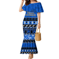 Personalised New Zealand Christmas Family Matching Mermaid Dress and Hawaiian Shirt Aotearoa Kiwi Meri Kirihimete Blue Version LT14 Mom's Dress Blue - Polynesian Pride