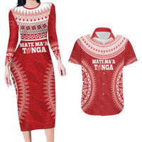 Custom Tonga Mate Maa Couples Matching Long Sleeve Bodycon Dress and Hawaiian Shirt Go Champions Tongan Ngatu - Red LT14 Red - Polynesian Pride
