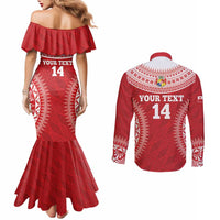 Custom Tonga Mate Maa Couples Matching Mermaid Dress and Long Sleeve Button Shirt Go Champions Tongan Ngatu - Red LT14 - Polynesian Pride
