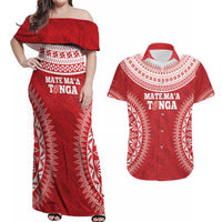 Custom Tonga Mate Maa Couples Matching Off Shoulder Maxi Dress and Hawaiian Shirt Go Champions Tongan Ngatu - Red LT14 Red - Polynesian Pride