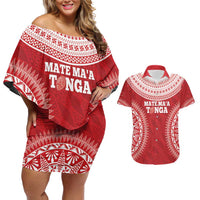 Custom Tonga Mate Maa Couples Matching Off Shoulder Short Dress and Hawaiian Shirt Go Champions Tongan Ngatu - Red LT14 Red - Polynesian Pride