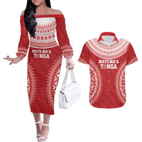 Custom Tonga Mate Maa Couples Matching Off The Shoulder Long Sleeve Dress and Hawaiian Shirt Go Champions Tongan Ngatu - Red LT14 Red - Polynesian Pride