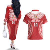 Custom Tonga Mate Maa Couples Matching Off The Shoulder Long Sleeve Dress and Hawaiian Shirt Go Champions Tongan Ngatu - Red LT14 - Polynesian Pride