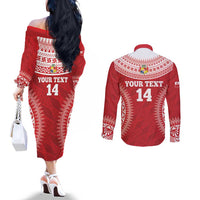 Custom Tonga Mate Maa Couples Matching Off The Shoulder Long Sleeve Dress and Long Sleeve Button Shirt Go Champions Tongan Ngatu - Red LT14 - Polynesian Pride