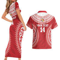 Custom Tonga Mate Maa Couples Matching Short Sleeve Bodycon Dress and Hawaiian Shirt Go Champions Tongan Ngatu - Red LT14 - Polynesian Pride