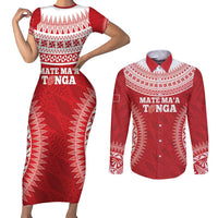 Custom Tonga Mate Maa Couples Matching Short Sleeve Bodycon Dress and Long Sleeve Button Shirt Go Champions Tongan Ngatu - Red LT14 Red - Polynesian Pride