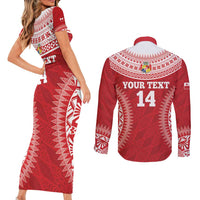 Custom Tonga Mate Maa Couples Matching Short Sleeve Bodycon Dress and Long Sleeve Button Shirt Go Champions Tongan Ngatu - Red LT14 - Polynesian Pride