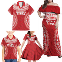 Custom Tonga Mate Maa Family Matching Off Shoulder Maxi Dress and Hawaiian Shirt Go Champions Tongan Ngatu - Red LT14 - Polynesian Pride