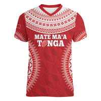 Custom Tonga Mate Maa Women V-Neck T-Shirt Go Champions Tongan Ngatu - Red