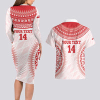 Custom Tonga Mate Maa Couples Matching Long Sleeve Bodycon Dress and Hawaiian Shirt Go Champions Tongan Ngatu - White LT14 - Polynesian Pride