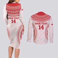 Custom Tonga Mate Maa Couples Matching Long Sleeve Bodycon Dress and Long Sleeve Button Shirt Go Champions Tongan Ngatu - White LT14 - Polynesian Pride