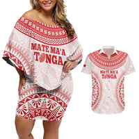 Custom Tonga Mate Maa Couples Matching Off Shoulder Short Dress and Hawaiian Shirt Go Champions Tongan Ngatu - White LT14 White - Polynesian Pride