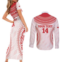 Custom Tonga Mate Maa Couples Matching Short Sleeve Bodycon Dress and Long Sleeve Button Shirt Go Champions Tongan Ngatu - White LT14 - Polynesian Pride