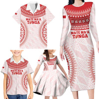 Custom Tonga Mate Maa Family Matching Long Sleeve Bodycon Dress and Hawaiian Shirt Go Champions Tongan Ngatu - White LT14 - Polynesian Pride