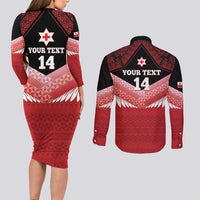 Custom Mate Maa Tonga XIII Couples Matching Long Sleeve Bodycon Dress and Long Sleeve Button Shirt Tongan Kupesi Ngatu - Rugby Style LT14 - Polynesian Pride
