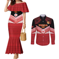 Custom Mate Maa Tonga XIII Couples Matching Mermaid Dress and Long Sleeve Button Shirt Tongan Kupesi Ngatu - Rugby Style LT14 Red - Polynesian Pride