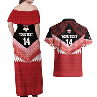Custom Mate Maa Tonga XIII Couples Matching Off Shoulder Maxi Dress and Hawaiian Shirt Tongan Kupesi Ngatu - Rugby Style LT14 - Polynesian Pride