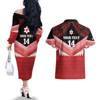 Custom Mate Maa Tonga XIII Couples Matching Off The Shoulder Long Sleeve Dress and Hawaiian Shirt Tongan Kupesi Ngatu - Rugby Style LT14 - Polynesian Pride