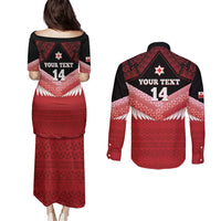 Custom Mate Maa Tonga XIII Couples Matching Puletasi and Long Sleeve Button Shirt Tongan Kupesi Ngatu - Rugby Style LT14 - Polynesian Pride