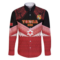 Custom Mate Maa Tonga XIII Family Matching Off Shoulder Short Dress and Hawaiian Shirt Tongan Kupesi Ngatu - Rugby Style LT14 Dad's Shirt - Long Sleeve Red - Polynesian Pride