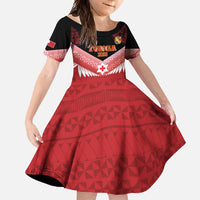 Custom Mate Maa Tonga XIII Family Matching Short Sleeve Bodycon Dress and Hawaiian Shirt Tongan Kupesi Ngatu - Rugby Style LT14 Daughter's Dress Red - Polynesian Pride