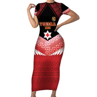 Custom Mate Maa Tonga XIII Family Matching Short Sleeve Bodycon Dress and Hawaiian Shirt Tongan Kupesi Ngatu - Rugby Style LT14 Mom's Dress Red - Polynesian Pride