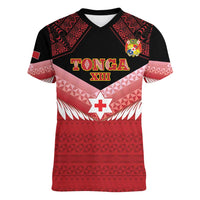 Custom Mate Maa Tonga XIII Women V-Neck T-Shirt Tongan Kupesi Ngatu - Rugby Style LT14 Female Red - Polynesian Pride